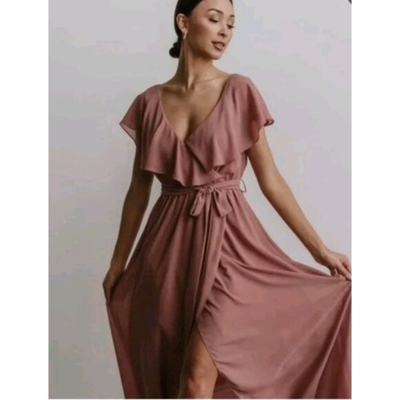 Baltic Born Size Medium Faux Wrap Ruffle Wedding Event Maxi Dress Dusty Pink - Picture 1 of 11